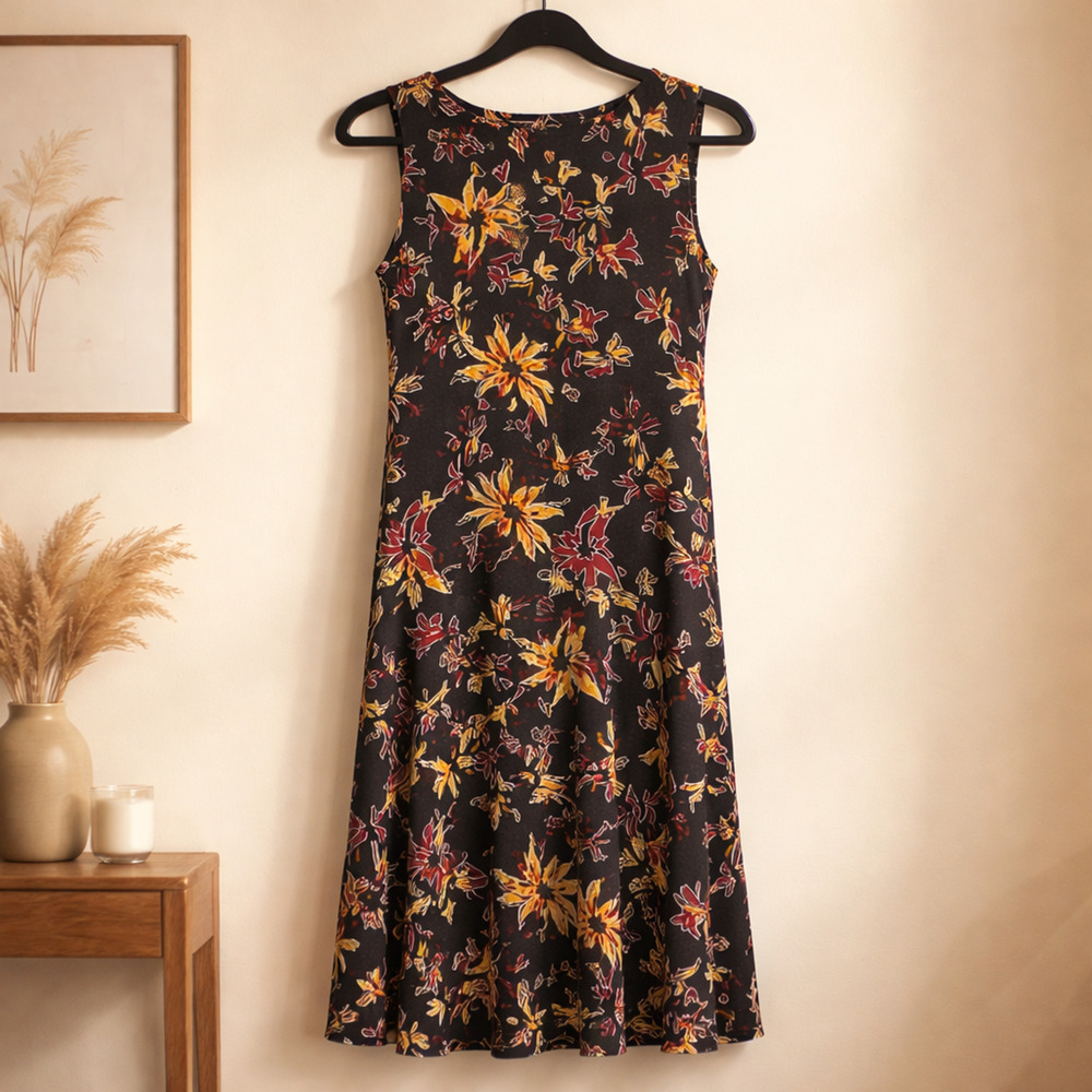 Women's lg sleeveless A-Line long gold multi colored dress with center pleat